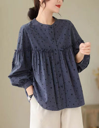 Women’s Retro Navy Blouse – Polka Dot Ruffle Button Front Top