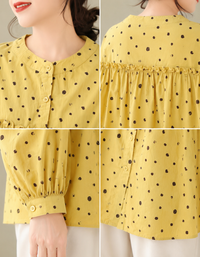 Women’s Yellow Ruffle Blouse – Vintage Polka Dot Button Front Shirt