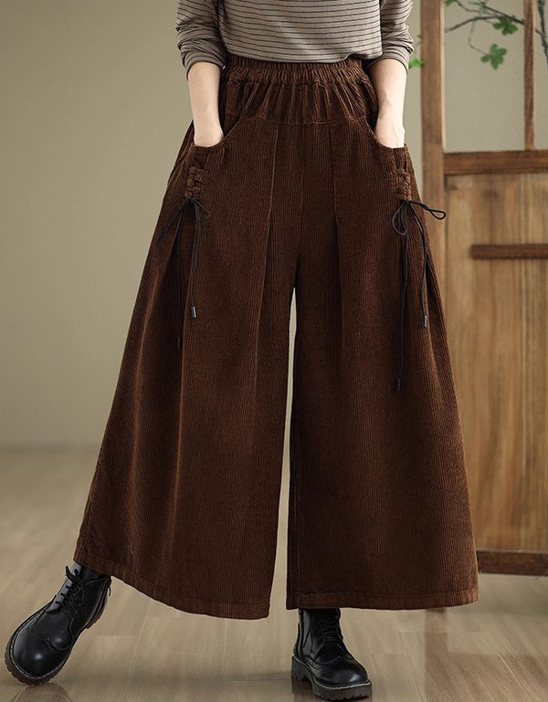 Women’s Vintage Loose Side Tie Wide Leg Corduroy Pants