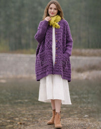 women wearing purple knit cardigan outdoor winter style