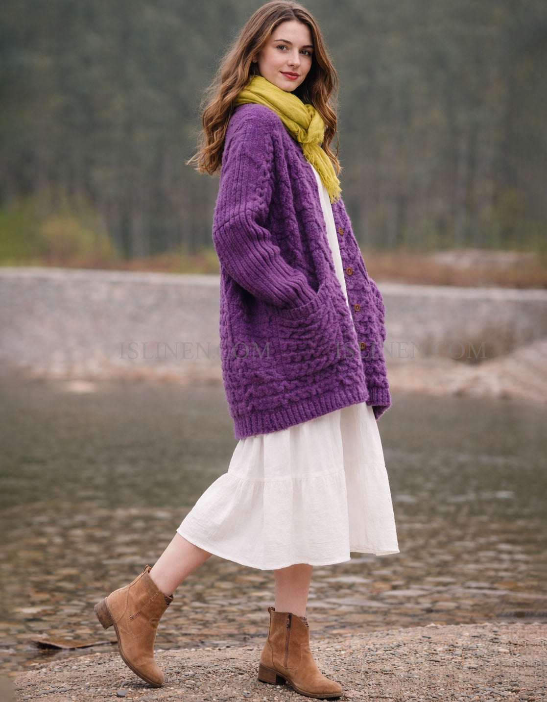 Side view purple knit cardigan button design women