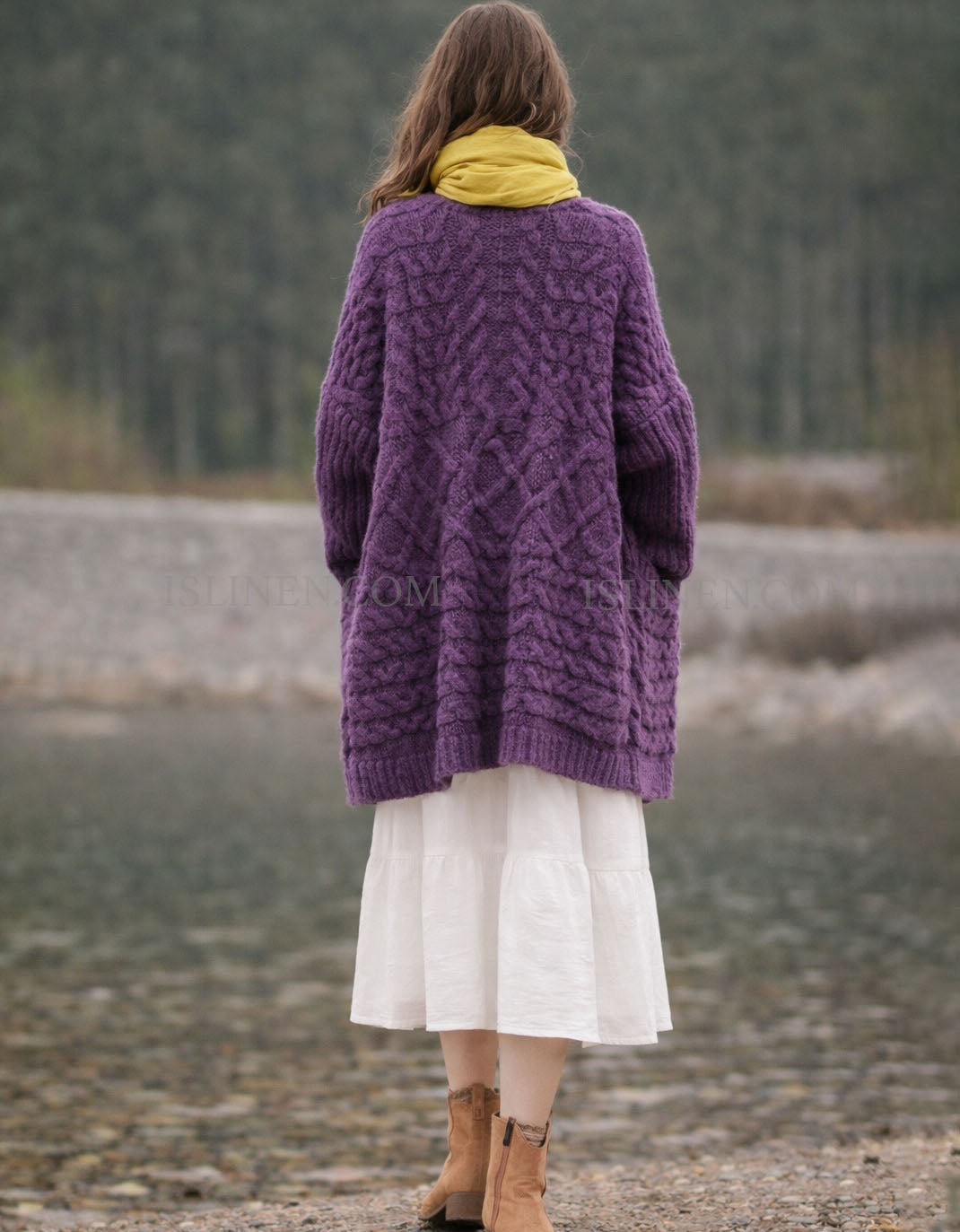 Textured knit purple cardigan women casual fashion back view
