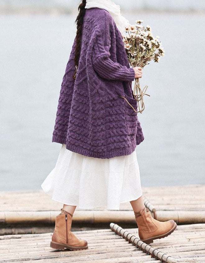 Side view oversized purple knit cardigan women cozy outfit