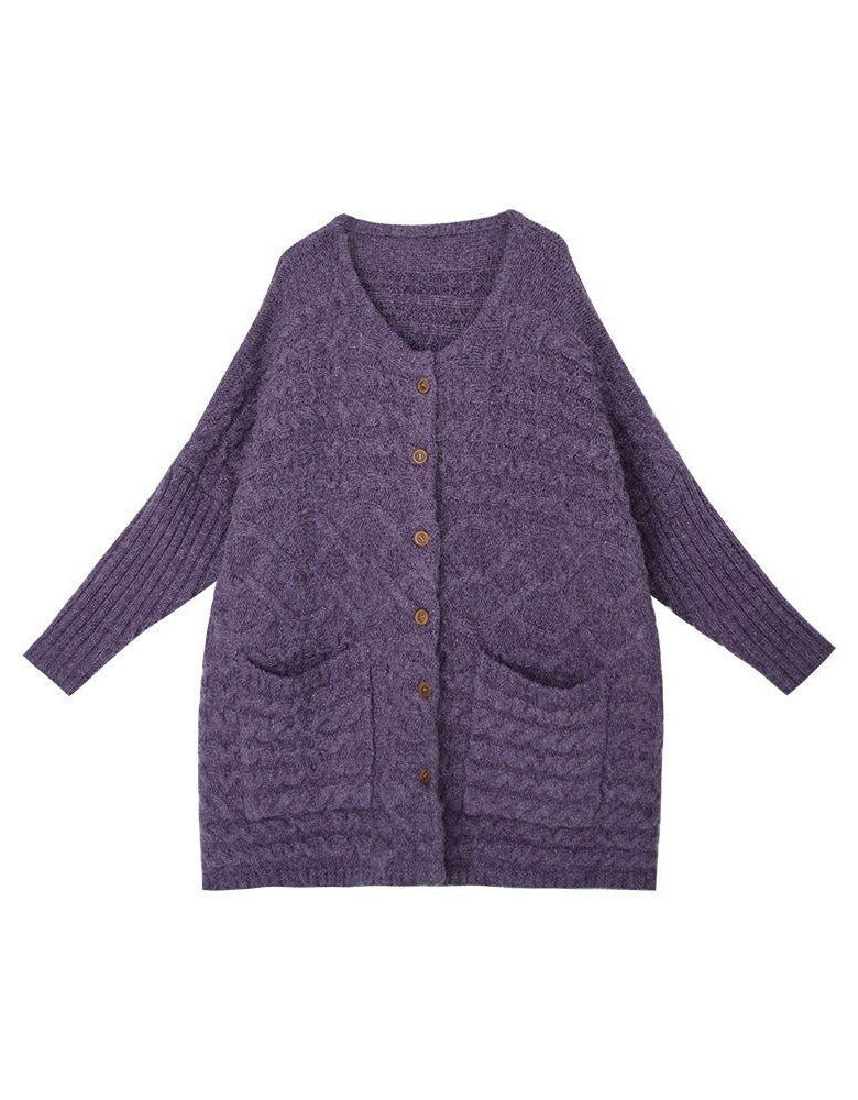 Purple knitted cardigan with button details on a white background