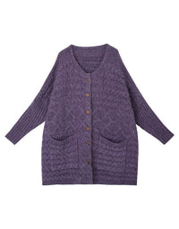 Purple knitted cardigan with button details on a white background
