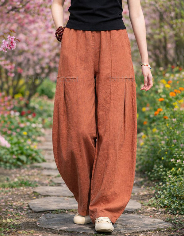 Women’s loose wide leg linen pants elastic waist ISLINEN