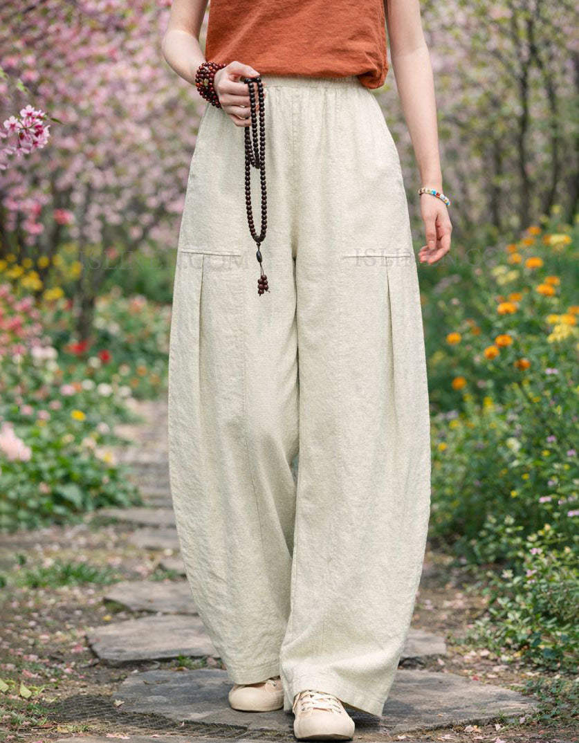 Breathable beige linen wide leg pants for women casual wear