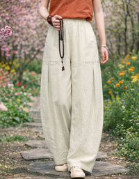 Breathable beige linen wide leg pants for women casual wear