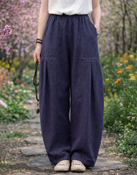Breathable navy linen wide leg pants for women casual wear