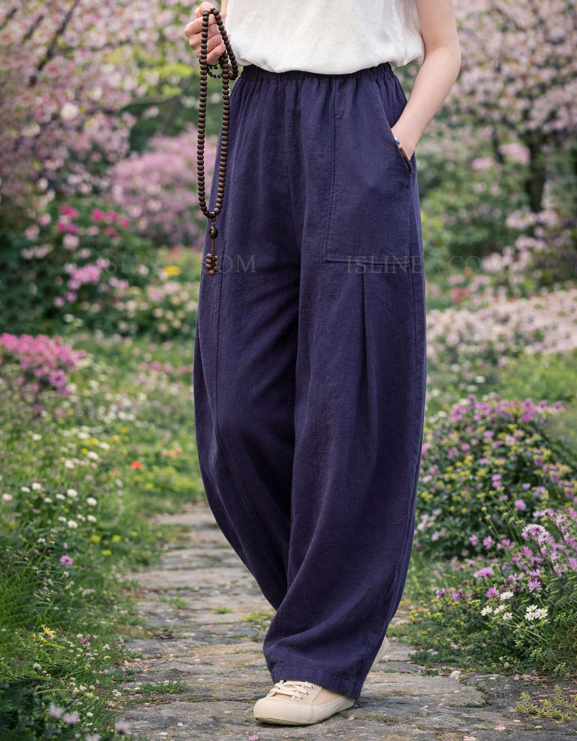 Breathable navy linen wide leg pants for women casual wear side view
