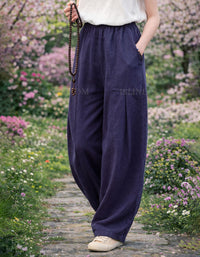 Breathable navy linen wide leg pants for women casual wear side view