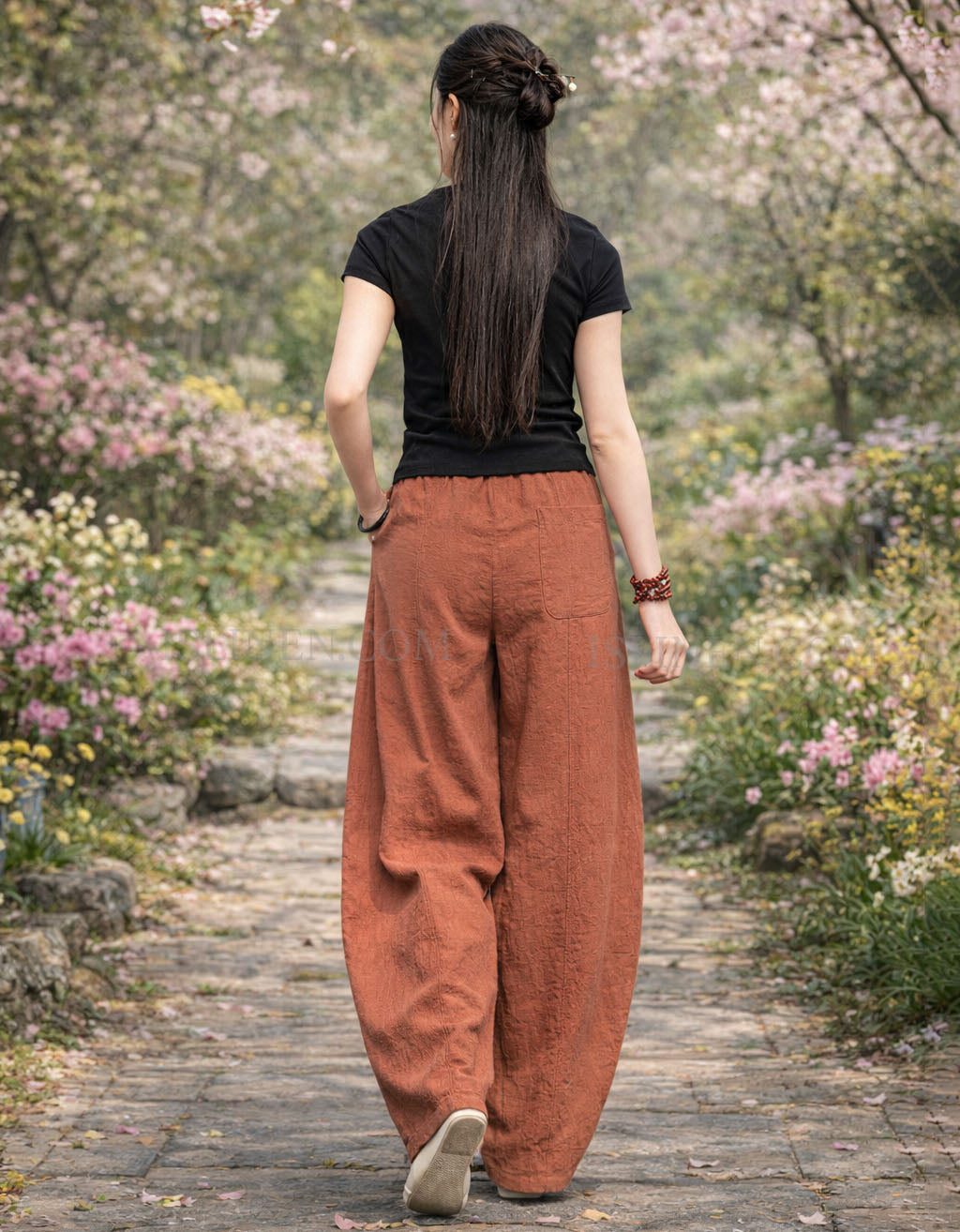 Casual boho women wide leg linen pants back view
