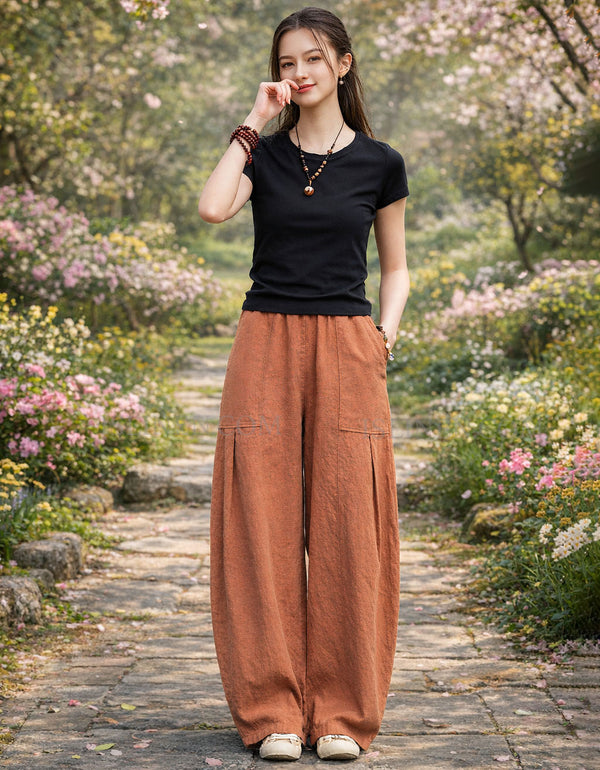 Breathable linen wide leg pants for women casual wear