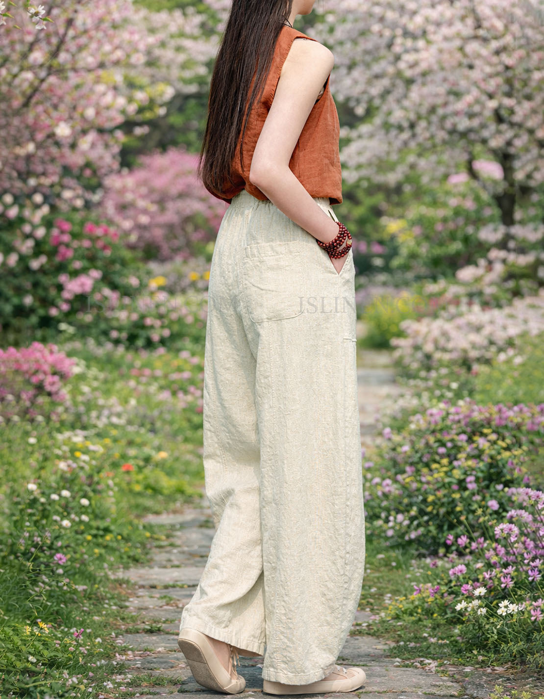 Casual boho women beige wide leg linen pants back view