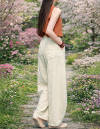 Casual boho women beige wide leg linen pants back view