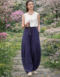 Elastic waist wide leg linen pants women outdoor