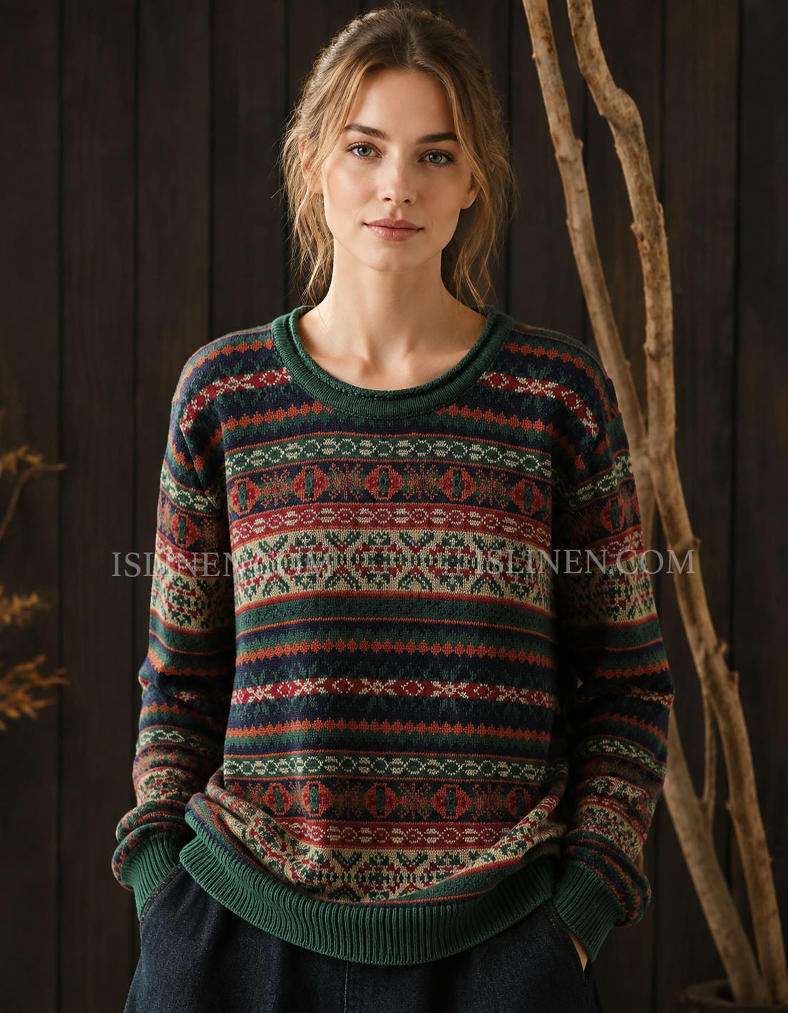 Women's Vintage Knit Sweater – Fair Isle Pattern Long Sleeve Pullover