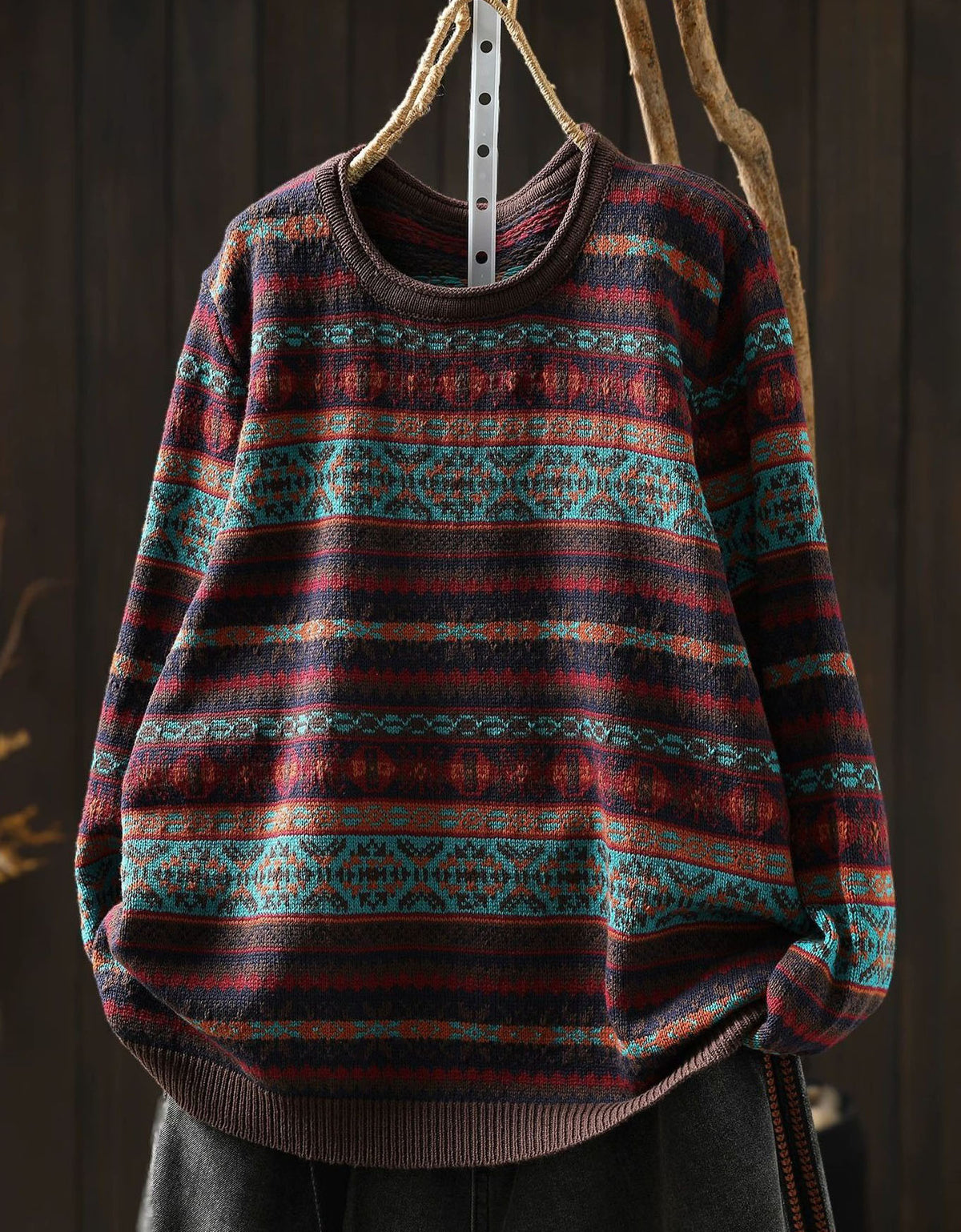 Women's Retro Pattern Sweater – Vintage Long Sleeve Knit Top