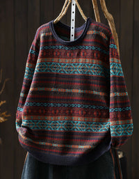 Women's Patterned Knit Sweater – Cozy Vintage Pullover for Winter