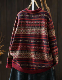 Women's Vintage Wool Knit Sweater – Retro Nordic Pattern Pullover