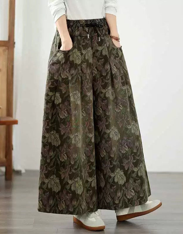 Vintage inspired botanical print pants with wide leg silhouette and side pockets