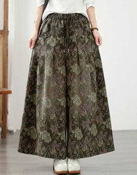 Olive green botanical print wide leg pants for women with comfortable high waist