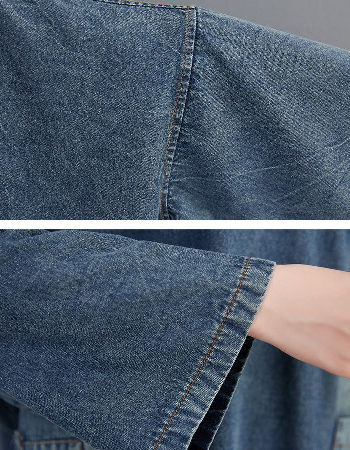 close-up of women loose fit denim dress comfortable style
