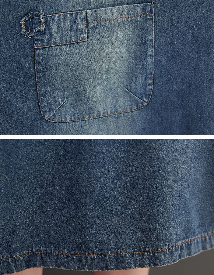 Close-up of women casual oversized denim dress with pockets