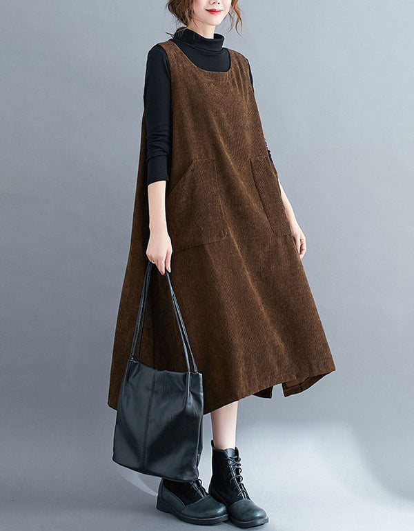 Women’s Vintage Oversized Sleeveless Corduroy Midi Dress