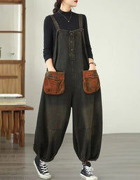 Loose Casual Patch Pockets Baggy Denim Jumpsuit - Islinen