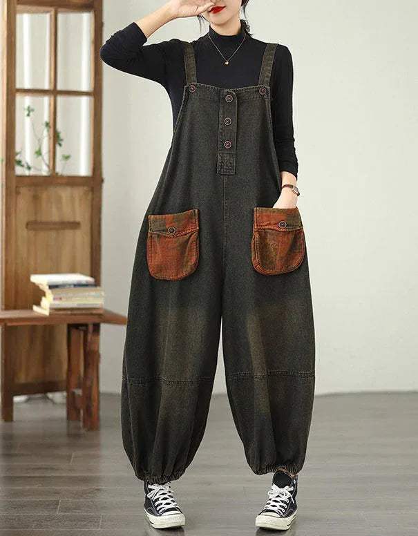 Loose Casual Patch Pockets Baggy Denim Jumpsuit - Islinen
