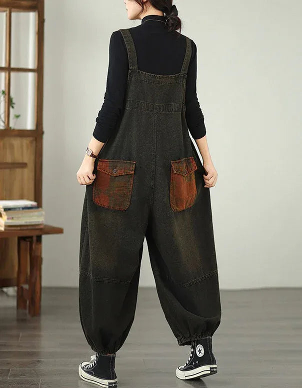 Loose Casual Patch Pockets Baggy Denim Jumpsuit - Islinen