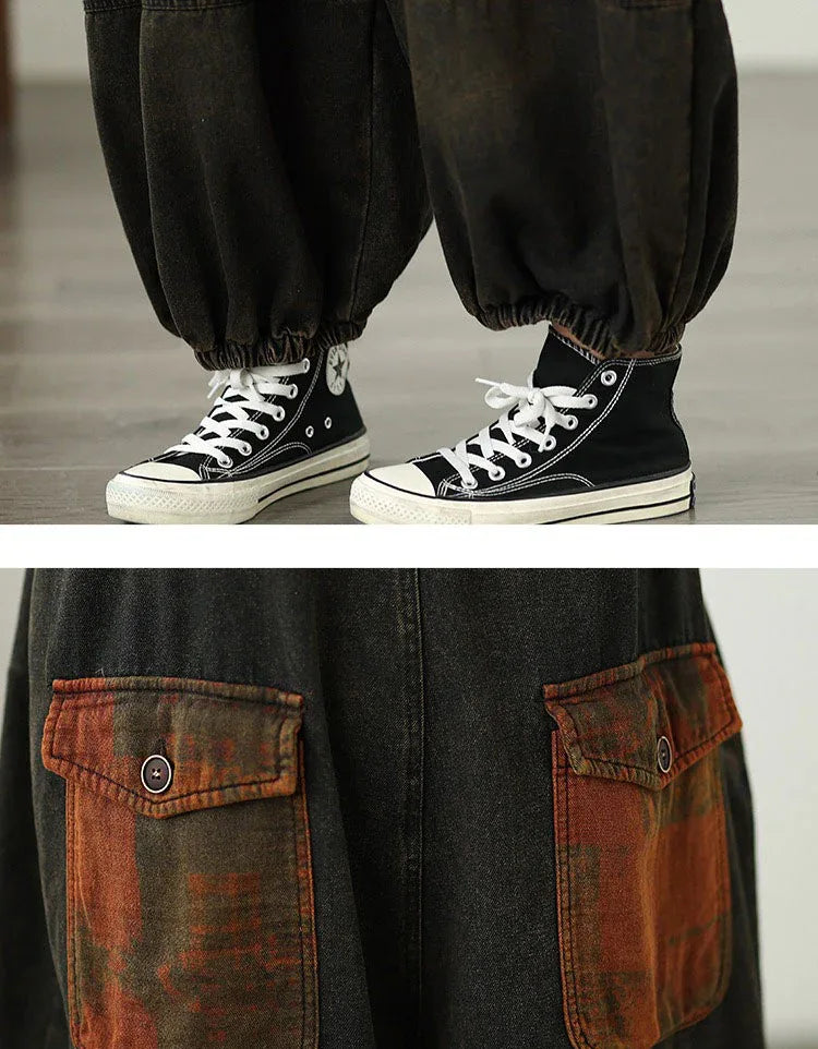 Loose Casual Patch Pockets Baggy Denim Jumpsuit - Islinen
