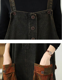 Loose Casual Patch Pockets Baggy Denim Jumpsuit - Islinen