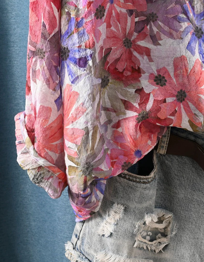 Breathable floral print V-neck top for casual everyday wear