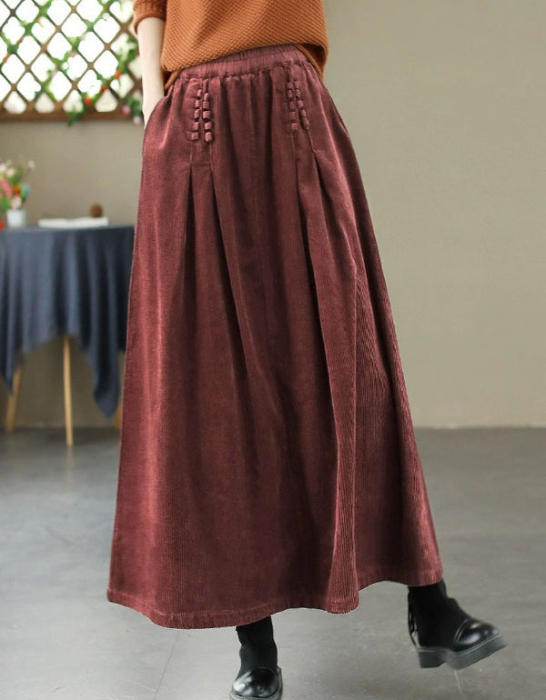 Women’s Vintage Pleated Corduroy Maxi Skirt
