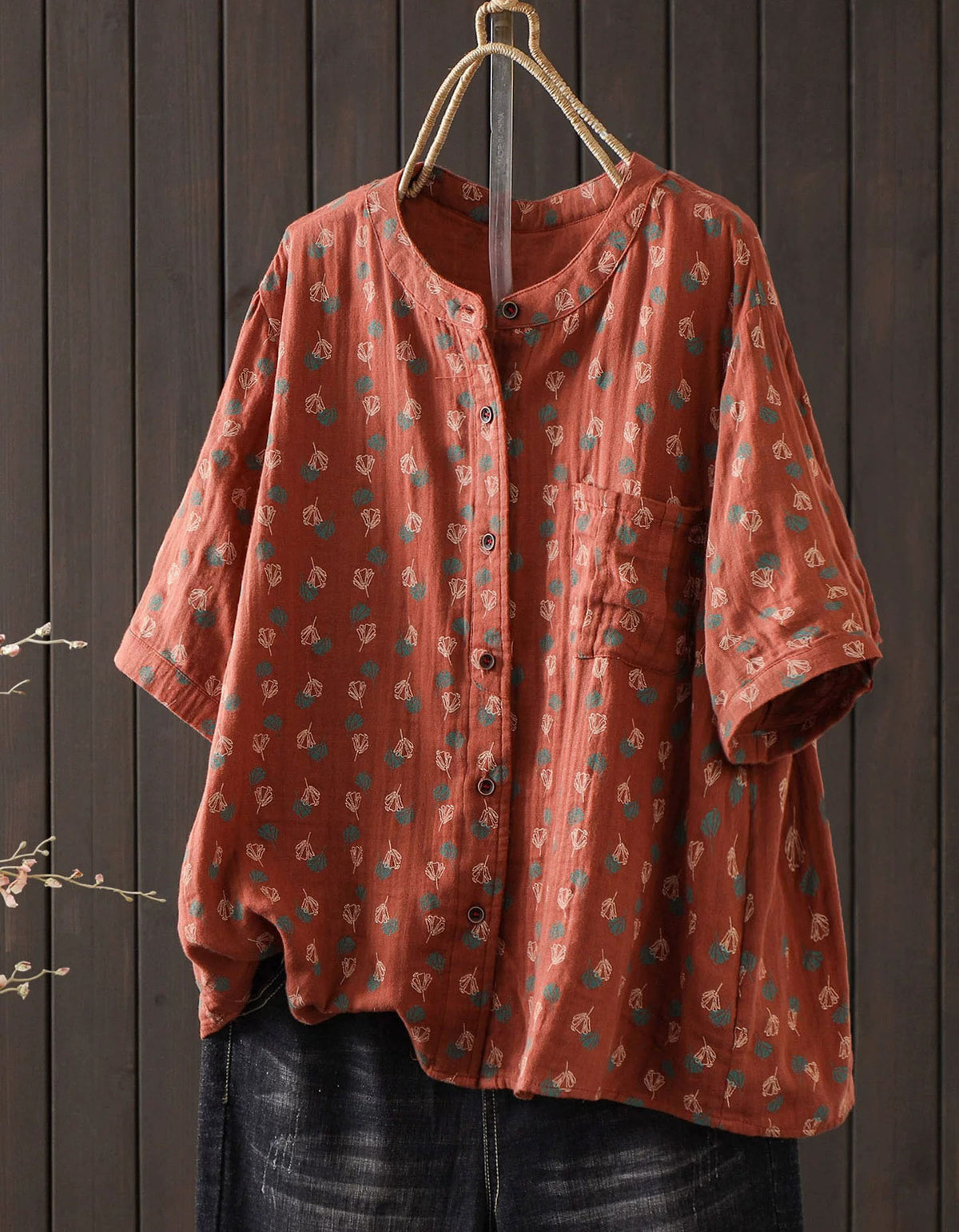 Women's Floral Print Linen Blend Short Sleeve Blouse