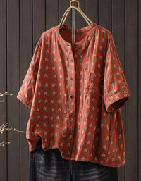 Women's Floral Print Linen Blend Short Sleeve Blouse