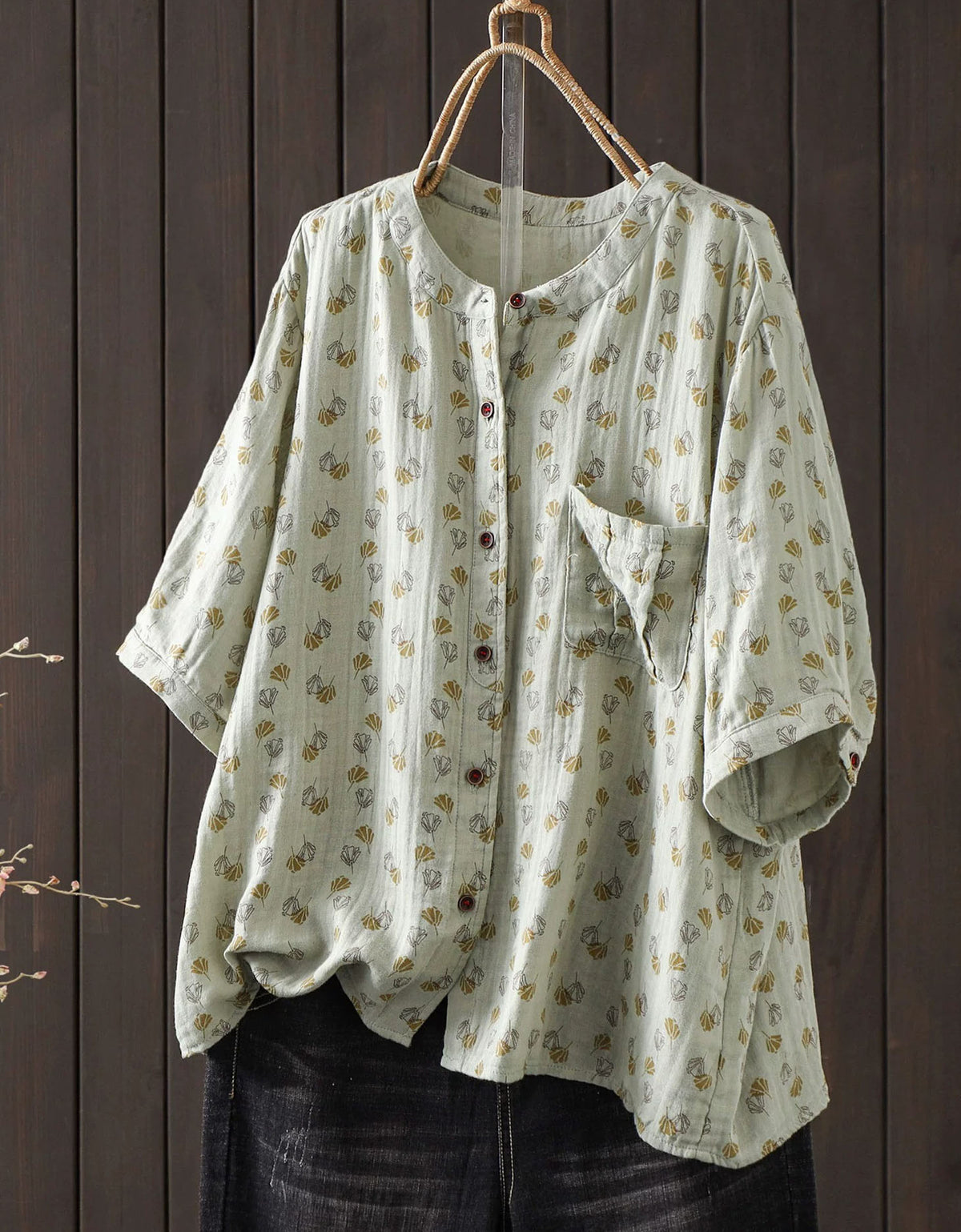 Women's Floral Print Linen Blend Button Front Blouse