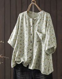 Women's Floral Print Linen Blend Button Front Blouse