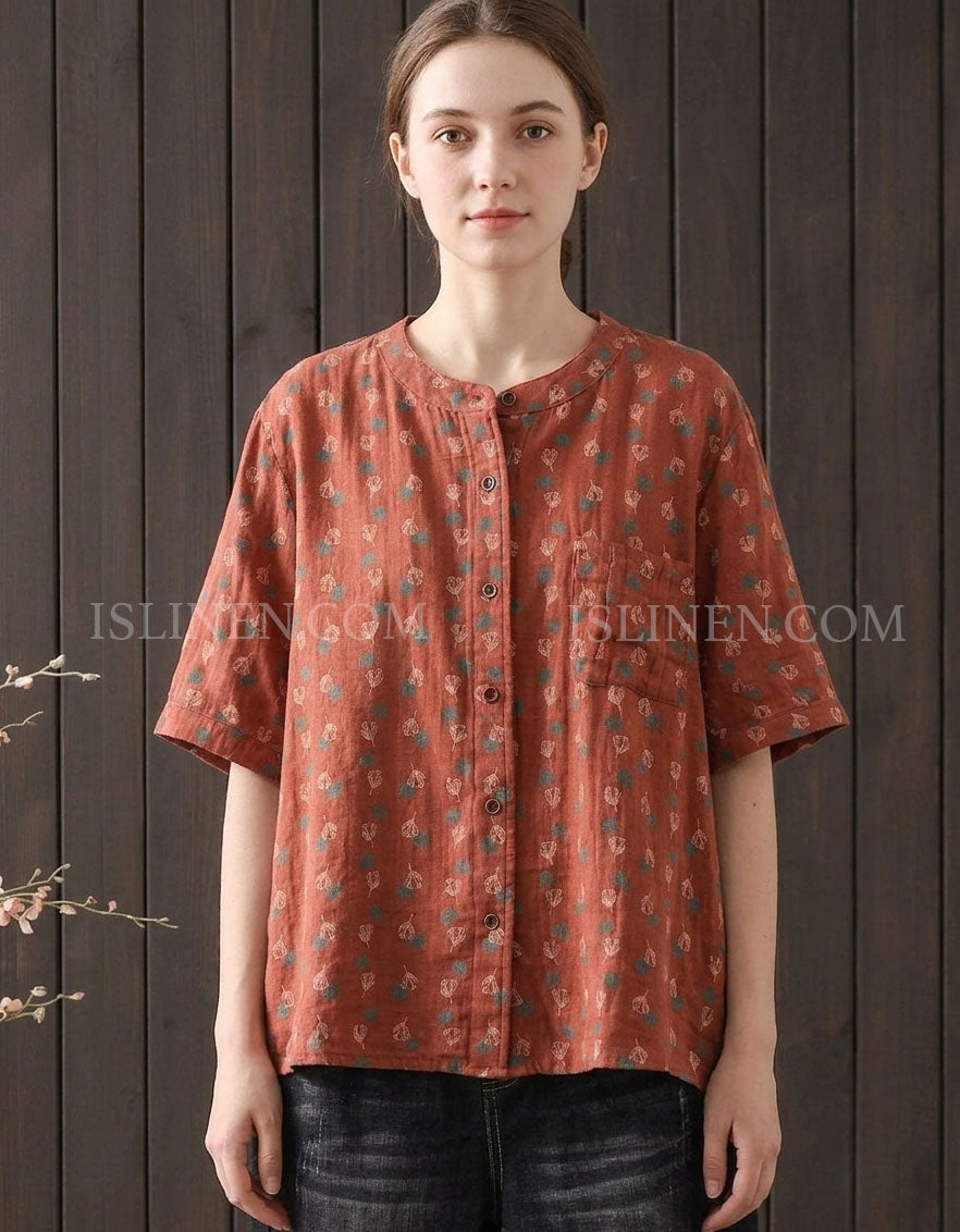 Women's Vintage Floral Linen Blend Button Up Blouse