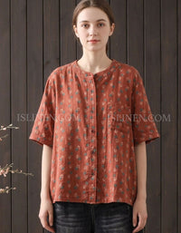 Women's Vintage Floral Linen Blend Button Up Blouse