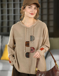 Women's khaki vintage patchwork hooded knit sweater with colorful appliqué details