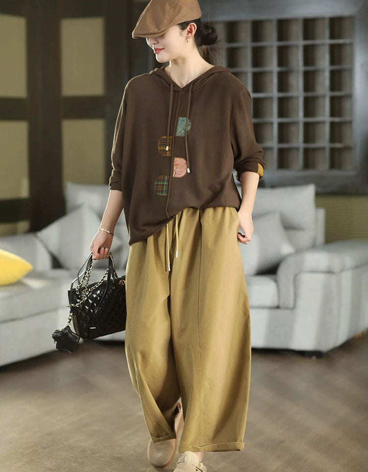 Women's long sleeve coffee hooded sweater with relaxed vintage-inspired design