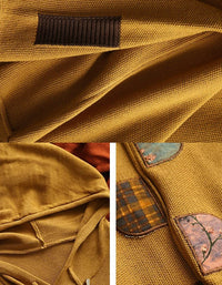 Close-up of colorful patchwork appliqué details on women's vintage knit sweater