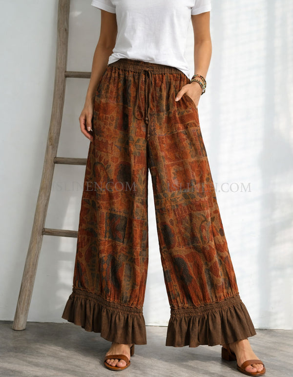 Women’s boho printed wide leg pants with ruffle hem