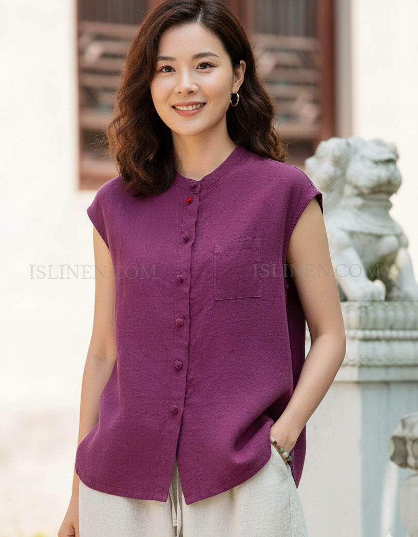 Women’s sleeveless button up casual shirt front view purple