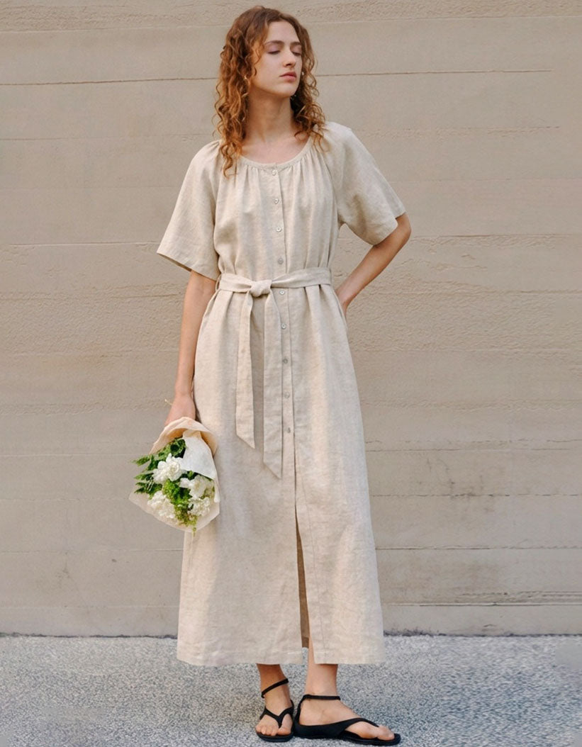 women linen button front maxi dress front view