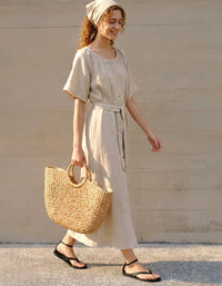casual beige linen maxi dress women full body
