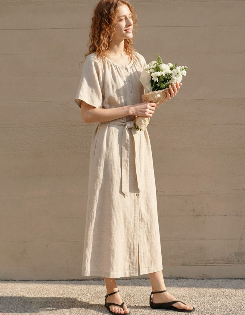 side view women linen button front dress